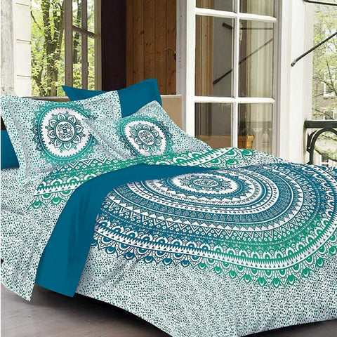 SheetKart Mandala Ombre Cotton Jaipuri Double Bedsheet with 2 Pillow Covers King Size, Sea Green - SheetKart