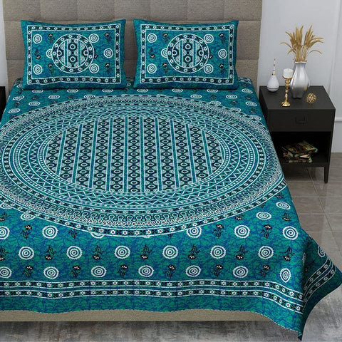 SheetKart 144 TC Circles Jaipuri Floral Printed Cotton Bedsheet with 2 Pillow Covers, Sea Green