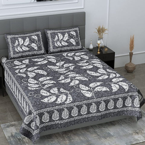 SheetKart 144 TC Cotton Floral Jaipuri Printed Double Bedsheet with 2 Pillow Covers, Fossil Grey