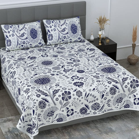 SheetKart 144 TC Floral Fiesta 100 % Cotton Double Bedsheet with 2 Pillow Covers, Sky Blue - SheetKart