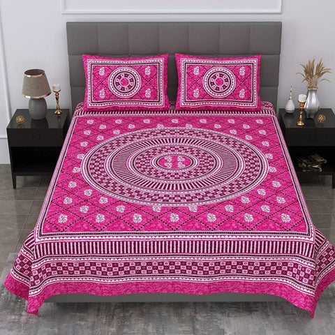 SheetKart Mandala Floral Print 144 TC Cotton Double Bedsheet with Pillow Covers - Pink - SheetKart