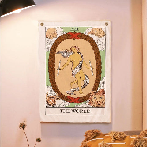 Tarot Flag Tapestry - Bohemian Cotton Printed Hand Made Wall Hanging Tapestries with Steel Grommets, Beige, Pack of 3 - SheetKart