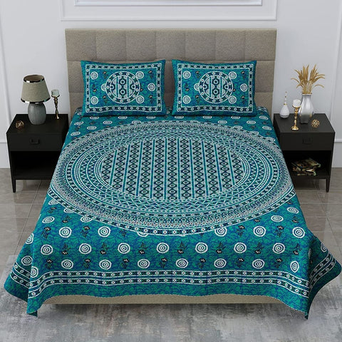 SheetKart 144 TC Circles Jaipuri Floral Printed Cotton Bedsheet with 2 Pillow Covers, Sea Green
