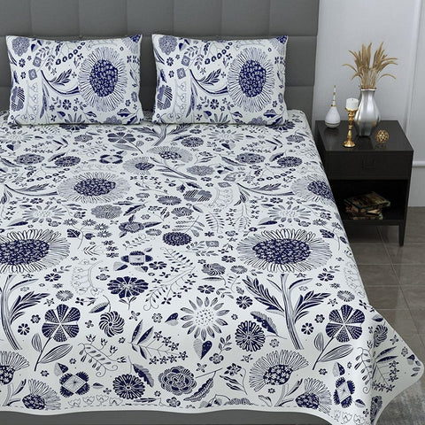 SheetKart 144 TC Floral Fiesta 100 % Cotton Double Bedsheet with 2 Pillow Covers, Sky Blue - SheetKart