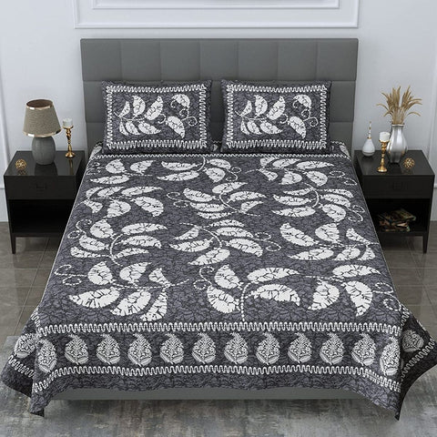 SheetKart 144 TC Cotton Floral Jaipuri Printed Double Bedsheet with 2 Pillow Covers, Fossil Grey