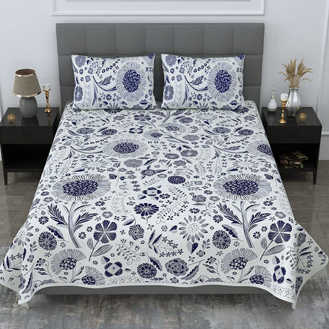 SheetKart 144 TC Floral Fiesta 100 % Cotton Double Bedsheet with 2 Pillow Covers, Sky Blue - SheetKart