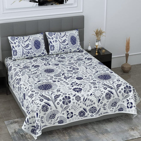 SheetKart 144 TC Floral Fiesta 100 % Cotton Double Bedsheet with 2 Pillow Covers, Sky Blue - SheetKart
