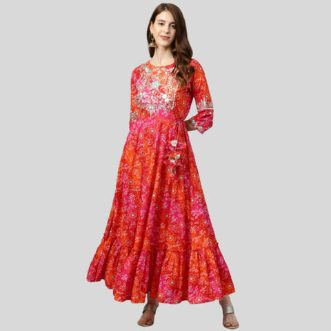 Arayna Women's Cotton Printed Anarkali Embroidery Kurti in  Red & Orange Color - SheetKart