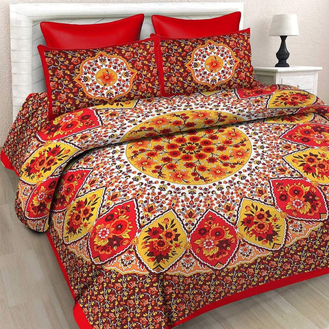 SheetKart 144 TC Cotton Floral Jaipuri Printed Double Bedsheet with 2 Pillow Covers - SheetKart