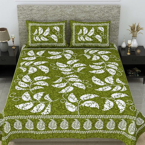 SheetKart 144 TC Cotton Jaipuri Floral Printed Double Bedsheet with 2 Pillow Covers, Green - SheetKart