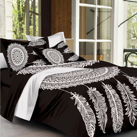 SheetKart Dreamcatcher Mandala Jaipuri Double Bedsheet Cotton with 2 Pillow Covers, Black and White - SheetKart