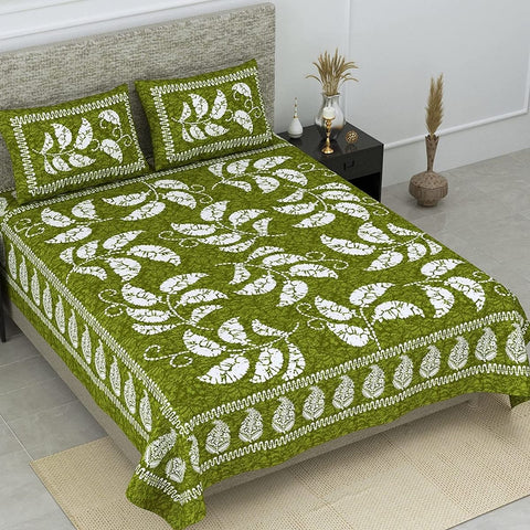 SheetKart 144 TC Cotton Jaipuri Floral Printed Double Bedsheet with 2 Pillow Covers, Green - SheetKart