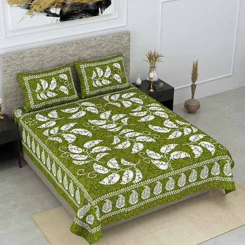 SheetKart 144 TC Cotton Jaipuri Floral Printed Double Bedsheet with 2 Pillow Covers, Green - SheetKart