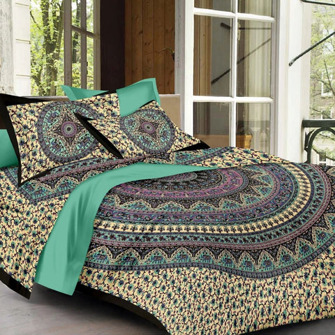 SheetKart Mandala Elephant Cotton Green Color Jaipuri Double Bedsheet with 2 Pillow Covers - SheetKart