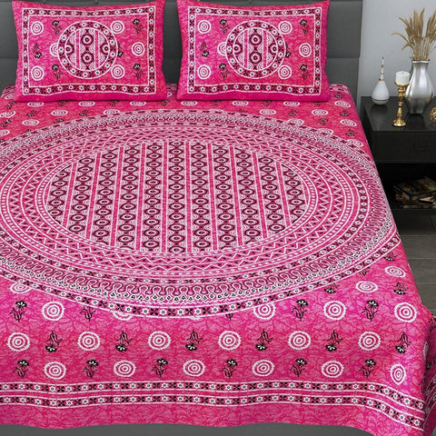 SheetKart 144 TC Mandala Floral Printed Jaipuri Cotton Double Bedsheet with 2 Pillow Covers, Pearl Pink