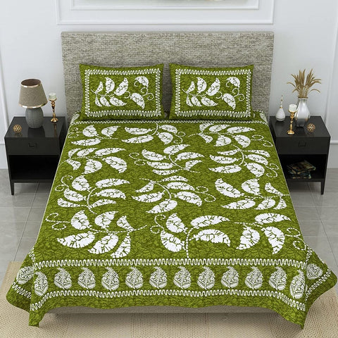 SheetKart 144 TC Cotton Jaipuri Floral Printed Double Bedsheet with 2 Pillow Covers, Green - SheetKart