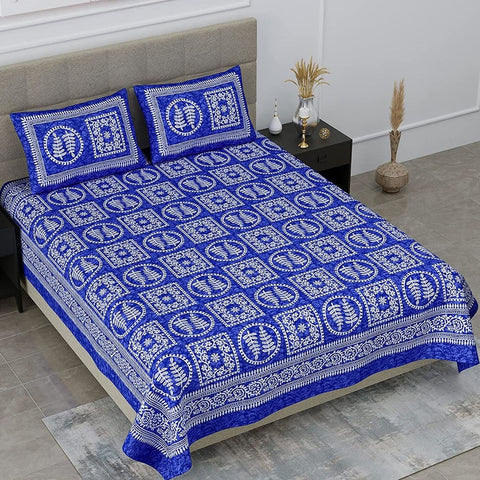 SheetKart Essense 144 TC 100% Cotton Double Bedsheet Jaipuri Printed with 2 Pillow Covers, Blue