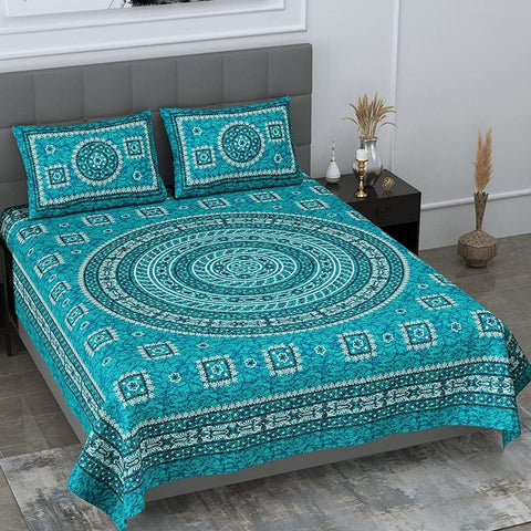 SheetKart Mandala Floral Print 144 TC Cotton Double Bedsheet with Pillow Covers , Sea Green