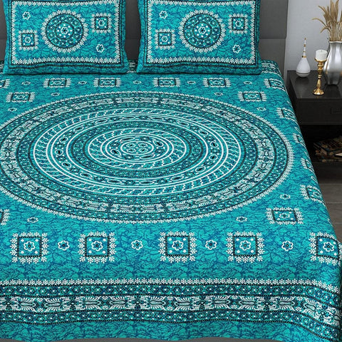 SheetKart Mandala Floral Print 144 TC Cotton Double Bedsheet with Pillow Covers , Sea Green