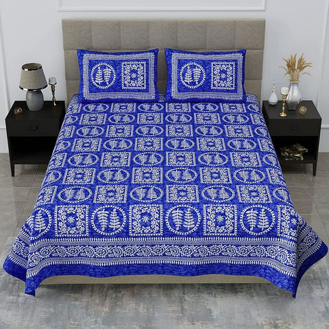 SheetKart Essense 144 TC 100% Cotton Double Bedsheet Jaipuri Printed with 2 Pillow Covers, Blue
