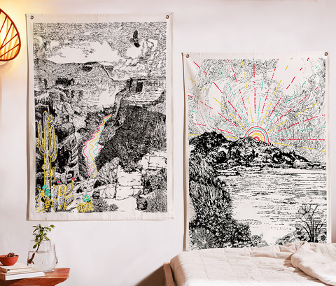 SheetKart Landscape Tapestries - Aesthetic Bohemian Wall Hanging Tapestry for Bed Room Home Decor, Pack of 2, Beige