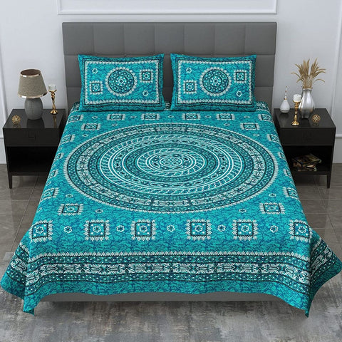 SheetKart Mandala Floral Print 144 TC Cotton Double Bedsheet with Pillow Covers , Sea Green
