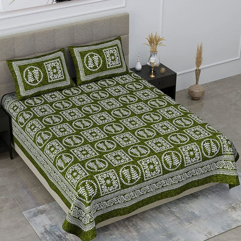 SheetKart Essense 144 TC 100% Cotton Double Bedsheet Jaipuri Printed with 2 Pillow Covers, Green