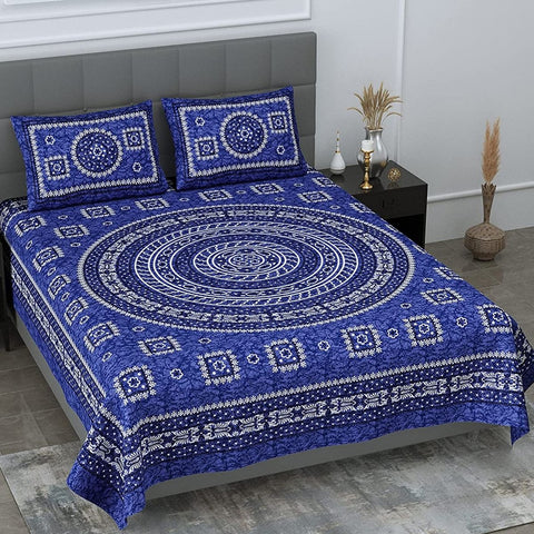 SheetKart Mandala Floral Print 144 TC Cotton Double Bedsheet with 2 Pillow Covers - Berry Blue