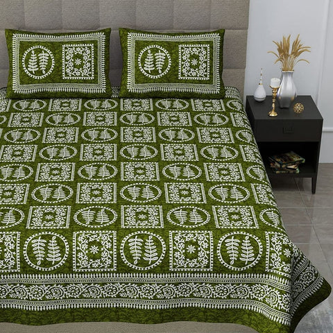 SheetKart Essense 144 TC 100% Cotton Double Bedsheet Jaipuri Printed with 2 Pillow Covers, Green