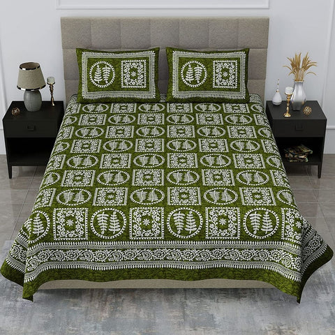 SheetKart Essense 144 TC 100% Cotton Double Bedsheet Jaipuri Printed with 2 Pillow Covers, Green