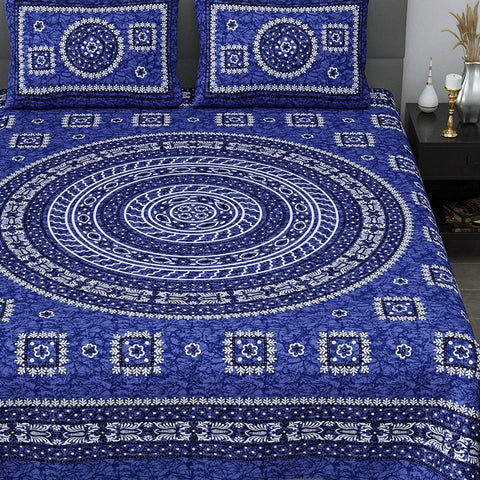 SheetKart Mandala Floral Print 144 TC Cotton Double Bedsheet with 2 Pillow Covers - Berry Blue