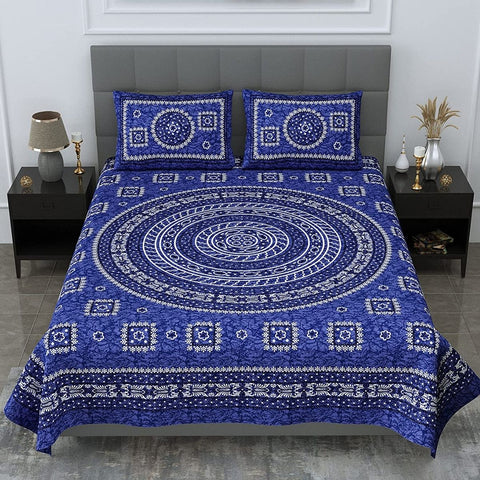 SheetKart Mandala Floral Print 144 TC Cotton Double Bedsheet with 2 Pillow Covers - Berry Blue