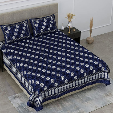 SheetKart Tulip 144 TC 100% Cotton Double Bedsheet Jaipuri Printed with 2 Pillow Covers, Navy Blue