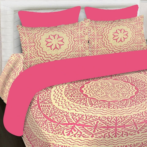 SheetKart 144 TC Cotton Printed Jaipuri King Size Double Bedsheet with 2 Pillow Covers, Pink Pearl - SheetKart