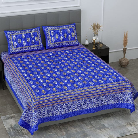 SheetKart 144 TC Motif Printed Jaipuri Cotton Double Bedsheet with 2 Pillow Covers, Ultra Blue