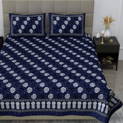 SheetKart Tulip 144 TC 100% Cotton Double Bedsheet Jaipuri Printed with 2 Pillow Covers, Navy Blue