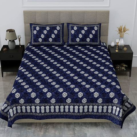 SheetKart Tulip 144 TC 100% Cotton Double Bedsheet Jaipuri Printed with 2 Pillow Covers, Navy Blue