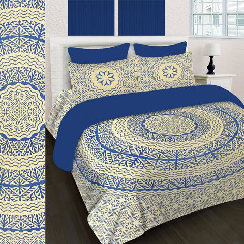 SheetKart 144 TC Cotton Printed Jaipuri King Size Double Bedsheet with 2 Pillow Covers, Slate Blue - SheetKart