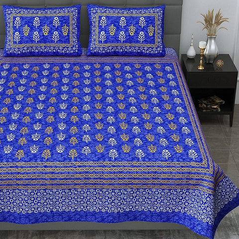 SheetKart 144 TC Motif Printed Jaipuri Cotton Double Bedsheet with 2 Pillow Covers, Ultra Blue