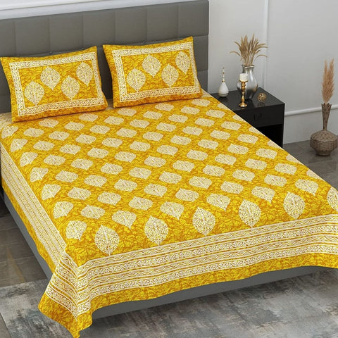 SheetKart Motif Printed 144 TC Cotton Double Bedsheet with 2 Pillow Covers - Yellow - SheetKart