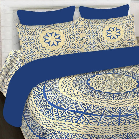 SheetKart 144 TC Cotton Printed Jaipuri King Size Double Bedsheet with 2 Pillow Covers, Slate Blue - SheetKart