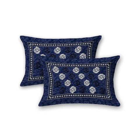 SheetKart Tulip 144 TC 100% Cotton Double Bedsheet Jaipuri Printed with 2 Pillow Covers, Navy Blue