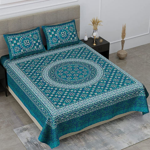 SheetKart Summer 144 TC 100% Cotton Double Bedsheet Jaipuri Printed with 2 Pillow Covers, Sea Green