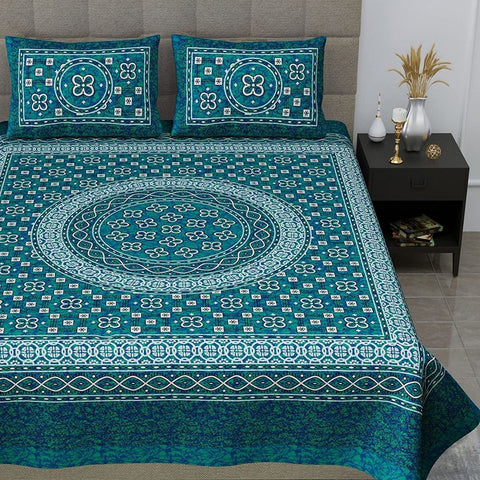 SheetKart Summer 144 TC 100% Cotton Double Bedsheet Jaipuri Printed with 2 Pillow Covers, Sea Green