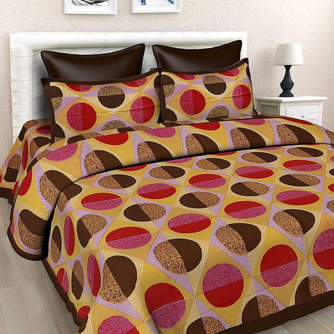 SheetKart 144 TC Circles Jaipuri Printed Cotton Double Bedsheet with 2 Pillow Covers - Brown - SheetKart