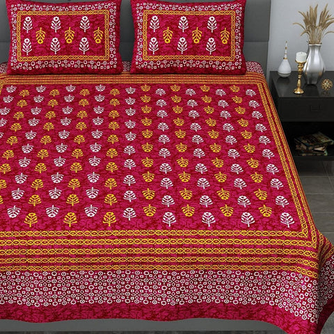SheetKart 144 TC Motif Printed Jaipuri Cotton Double Bedsheet with 2 Pillow Covers, Burgundy