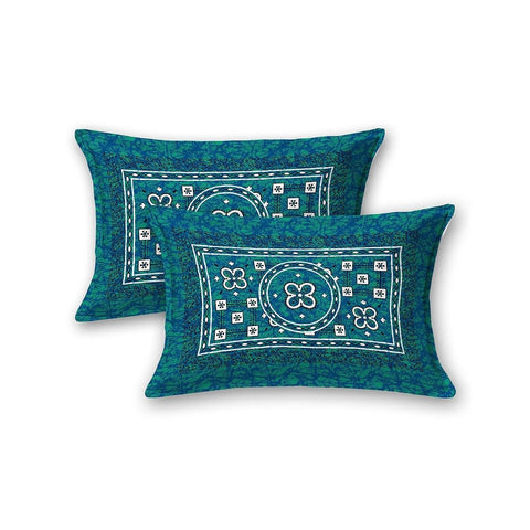 SheetKart Summer 144 TC 100% Cotton Double Bedsheet Jaipuri Printed with 2 Pillow Covers, Sea Green