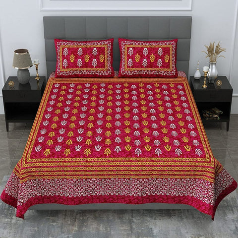 SheetKart 144 TC Motif Printed Jaipuri Cotton Double Bedsheet with 2 Pillow Covers, Burgundy
