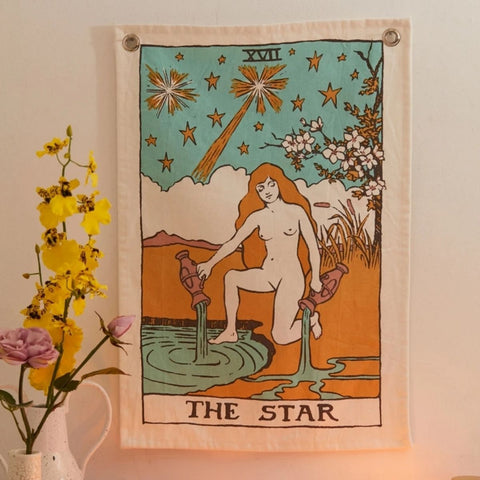 SheetKart Tarot Flag Tapestry - The Sun, The Moon & The Star - with Steel Grommets, Beige, Pack of 3 - SheetKart