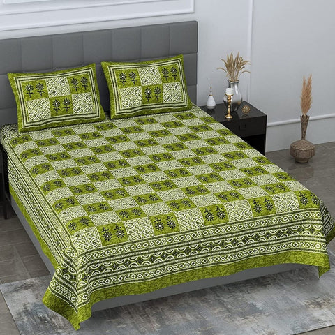 SheetKart Foursquare Jaipuri Cotton Double Bedsheet Floral Printed 144 TC with Pillow Covers, Olive Green
